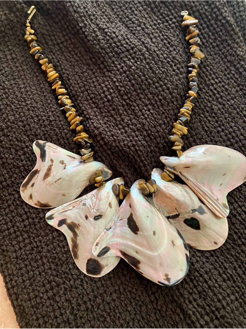 Vintage Tiger Eye and Brown Lip Shells One of a Kind Necklace